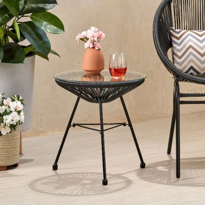 Rattan Outdoor End Table with Tempered Glass Top, 17.75" Round Patio Side Table, Blue Outdoor Accent Table -Christopher Knight Home