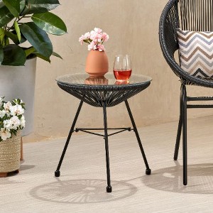 Rattan Outdoor End Table with Tempered Glass Top, 17.75" Round Patio Side Table, Outdoor Accent Table -Christopher Knight Home - 1 of 4