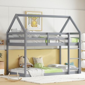 Whisen Twin over Twin Rubber Wood House-Shaped Floor Bunk Bed with ladder and Safety Guardrails - 1 of 4