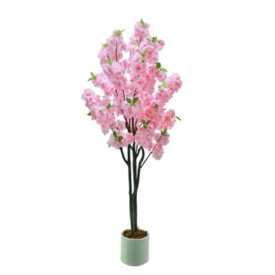 5Ft Pink Cherry Blossom Tree in Nursery Pot, Realistic Tall Wishing Tree Fake Cherries Fake Flower, Indoor Outdoor Pink Large Plants Home Office