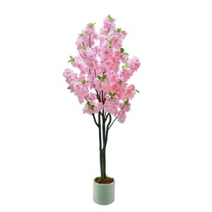 5Ft Pink Cherry Blossom Tree in Nursery Pot, Realistic Tall Wishing Tree Fake Cherries Fake Flower, Indoor Outdoor Pink Large Plants Home Office - 1 of 4