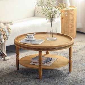 MOEPISY Round Boho Coffee Table with Storage Shelf – 2-Tier Accent Table with Beaded Trim & Curved Solid Wood Legs - 1 of 4