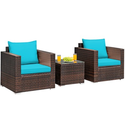 Tangkula 3PCS Patio Rattan Furniture Set with 2 Cushioned Sofas & Coffee Table for Outdoor Turquoise/Black/Navy/Red/Brown