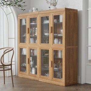 62" High Black Glass Door Wood Grain Decorative Storage Cabinet Display Cabinet, with Sufficient Space for 12 Shelves - 1 of 4
