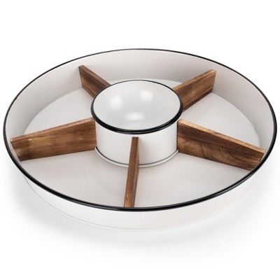 Nat & Jules Wood Partitions Matte White 16 inch Metal Enamel Divided Chip and Dip Tray