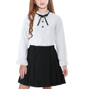 Girls Skirts with White Blouse Ruffle Long Sleeve Button Down Shirt and Pleated Skirt School Uniform 2 Piece Outfit,Black - 120 - 1 of 4