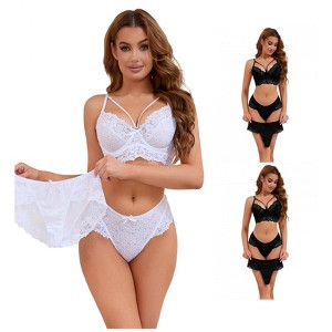 INSPIRE CHIC Women's 3 Sets Cross Straps Full Coverage Bralette and Panty Mesh Floral Lace Underwear Set - 1 of 4