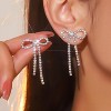 Bow Earrings for Women Rhinestone Long Tassel Earrings Ribbon Bow Drop Earring Silver Stainless Steel Dangle Earrings Cute Sparkly Jewelry - 2 of 4