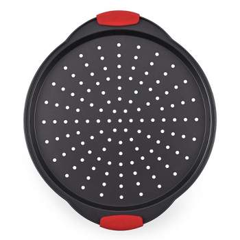 NutriChef Non-Stick Pizza Tray - with Silicone Handle, Round Steel Non-stick Pan with Perforated Holes, Premium Bakeware, Pizza Tray