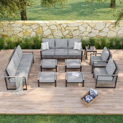 Sonkuki Outdoor Furniture Set Patio Conversation Sofa with Coffee Table Set, All-Weather PE Rattan Couch with Cushion