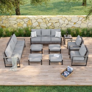 Sonkuki Outdoor Furniture Set Patio Conversation Sofa with Coffee Table Set, All-Weather PE Rattan Couch with Cushion - 1 of 4