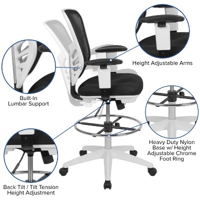 ErgoFlex Black Mesh Drafting Chair with Adjustable Arms and White Frame