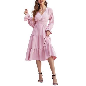 Coolmee Women's Bohemian Dress Casual Long Sleeve V Neck Dress Floral Flowy Maxi Dresses Tiered Cocktail Dress - 1 of 4