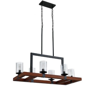 Farmhouse 6-Light Kitchen Island Chandelier, Rectangular Wood and Black Metal Pendant with Glass Shades