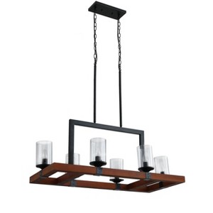 Farmhouse 6-Light Kitchen Island Chandelier, Rectangular Wood and Black Metal Pendant with Glass Shades - 1 of 4