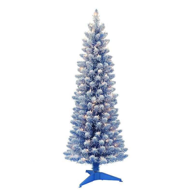 4.5ft Puleo Pre-Lit Blue Flocked Slim Artificial Christmas Tree Clear Lights, 1 of 4
