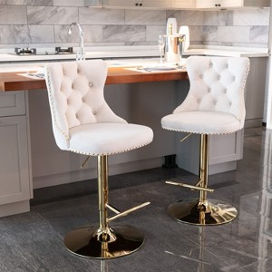 MYINDA Set of 2 Golden Swivel Velvet Barstools Adjusatble Seat Height from 25-33'',Upholstered with Backs Tufted for Home Pub and Kitchen,BEIGE - 1 of 4