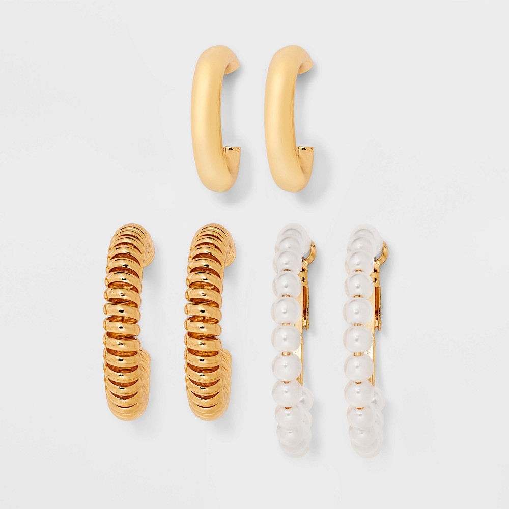 Simulated Pearl and Textured Hoop Earring Set 2 pc - Wild Fable™ Gold