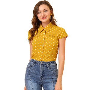 INSPIRE CHIC Women's Short Sleeve Vintage Polka Dots Button Up Blouse - 1 of 4