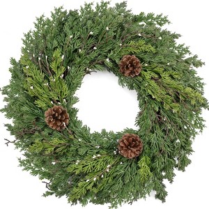 Real Touch Lush Cypress Christmas Wreath (24 Inch) – With White Berries & Pine Cones, Indoor Outdoor Home Holiday Decor - 1 of 4