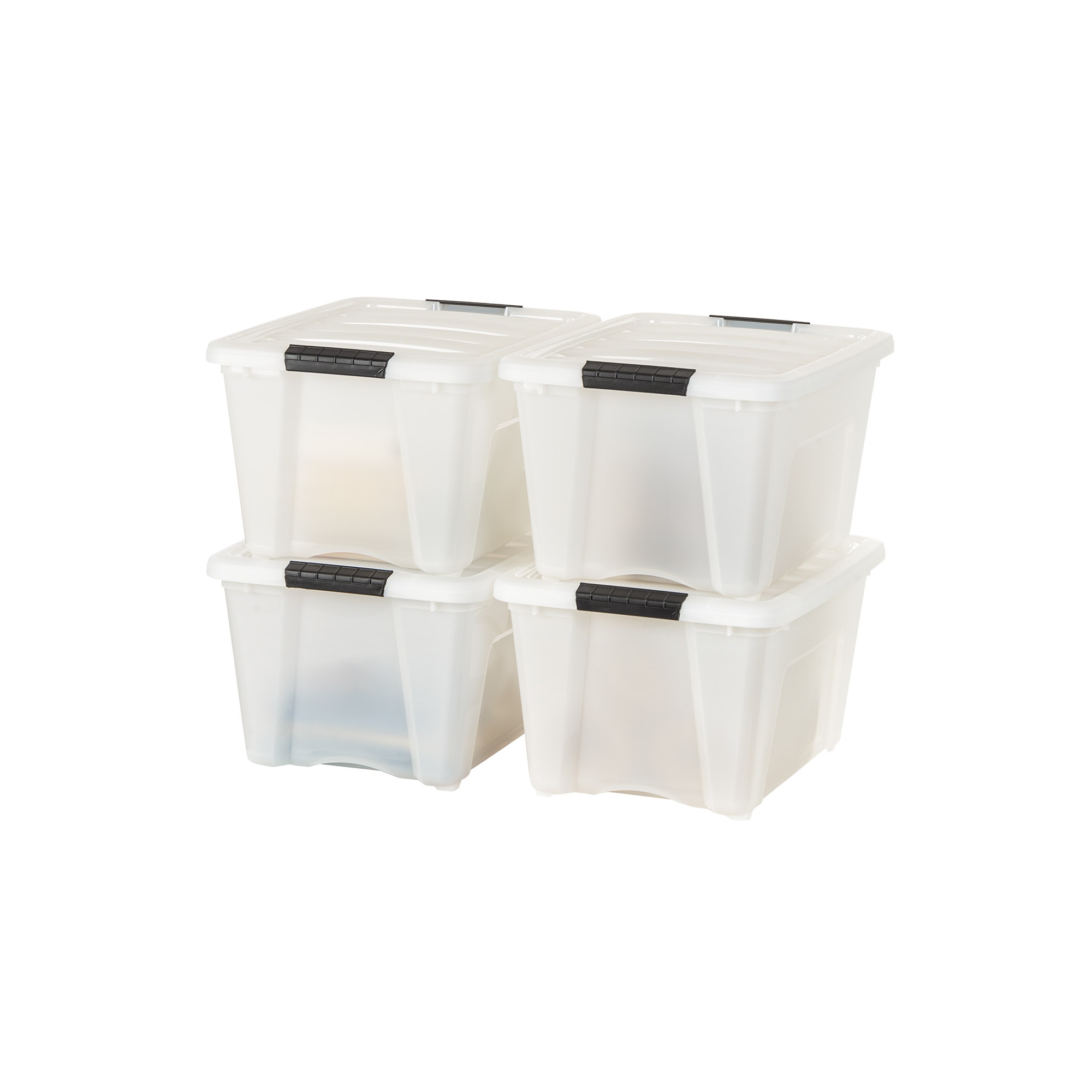 4 Pack 32 Qt Stackable Plastic Storage Bins with Lids, BPA Free, Discreet Organizing Solution, Latches, Durable Nestable Containers, Pearl
