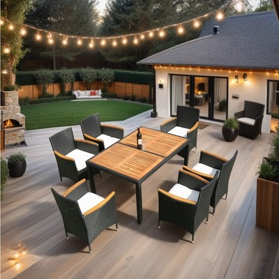 YOOCOZZ 7-Piece Outdoor PE Rattan Dining Set with Acacia Wood Handrail and Tabletop - Black+Cream