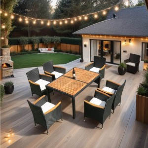 YOOCOZZ 7-Piece Outdoor PE Rattan Dining Set with Acacia Wood Handrail and Tabletop - Black+Cream - 1 of 4