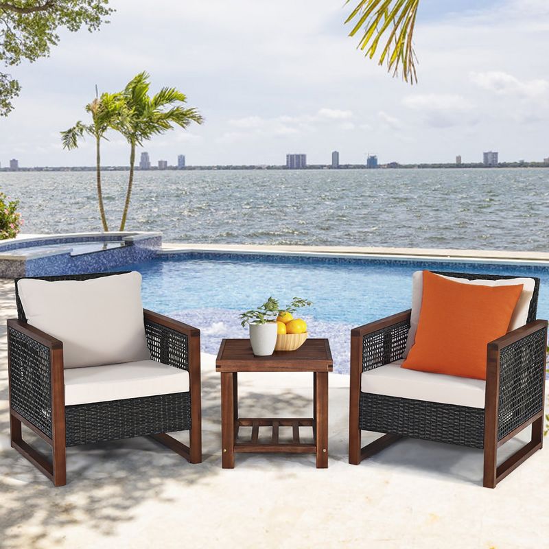 Costway 3PCS Patio Wicker Furniture Set Solid Wood Frame Cushion Sofa w/ Square Table Shelf, 1 of 11