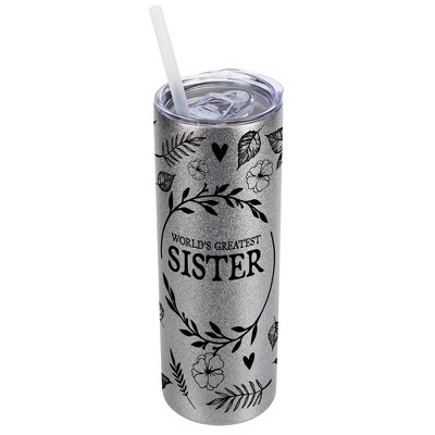 Elanze Designs Floral Silvertone Sparkle 20 Ounce Double Wall Stainless Steel Glitter Travel Tumbler With Sliding Lid And Straw, World's Greatest