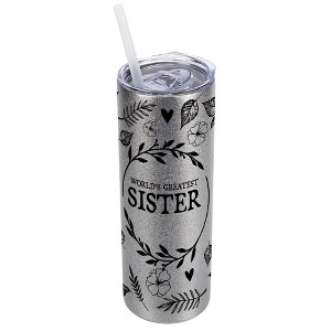 Elanze Designs Floral Silvertone Sparkle 20 Ounce Double Wall Stainless Steel Glitter Travel Tumbler With Sliding Lid And Straw, World's Greatest - 1 of 4