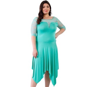 Slickblue Women's Plus Size Mint Dress, Lace Details, Handkerchief Hem, Short Sleeves, Round Neck, 1XL-3XL - 1 of 4