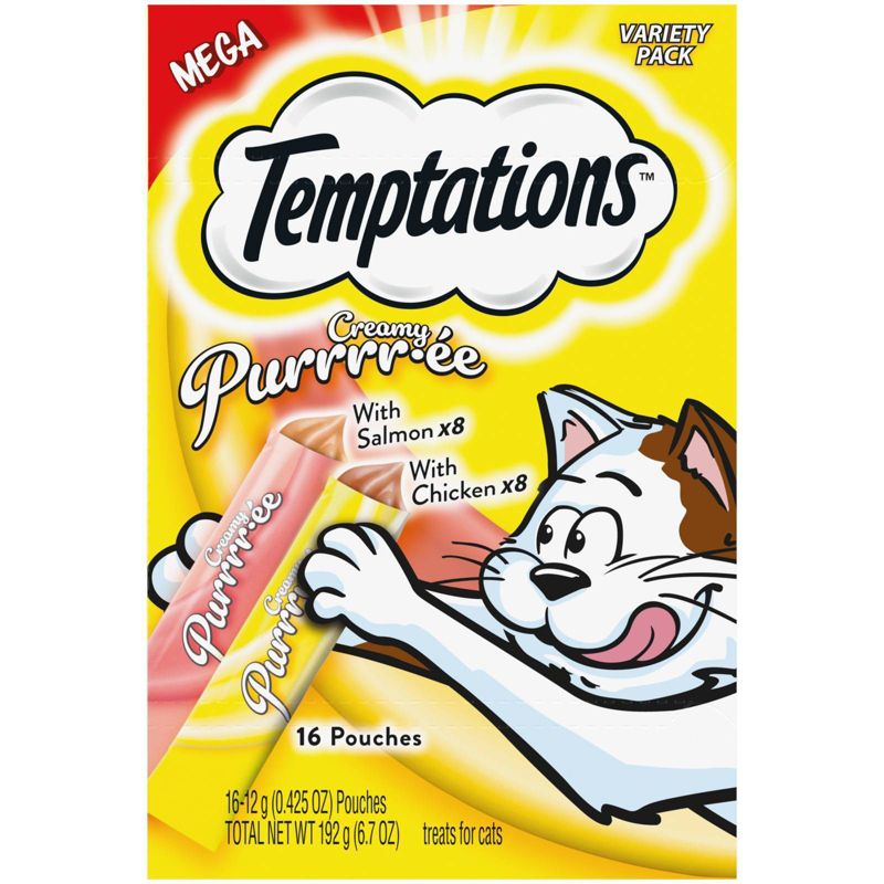 Temptations Creamy Puree with Chicken and Salmon Lickable Squeezable Adult Cat Treats Variety Pack - 16ct, 1 of 15