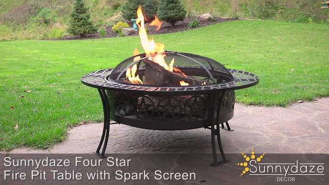 Sunnydaze Outdoor Camping or Backyard Steel Round Four Star Fire Pit Table with Spark Screen - 40" - Black, 2 of 12, play video