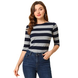 INSPIRE CHIC Women's Stripes Casual Basic Elbow Sleeves Boat Neck Slim Fit T-Shirts - 1 of 4