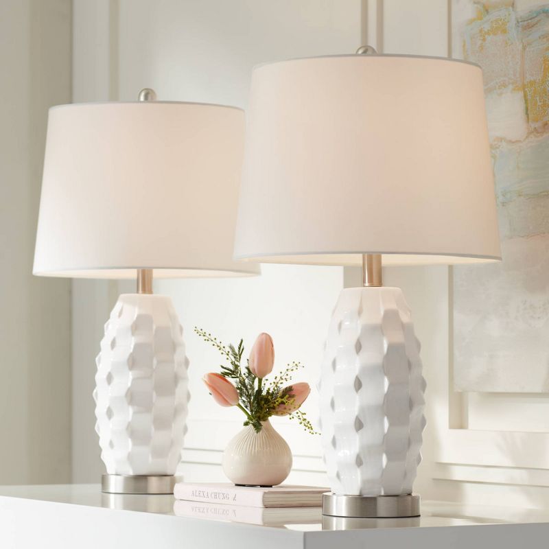 360 Lighting LED Modern Coastal Accent Table Lamps 24 1/2" High Set of 2 Scalloped White Ceramic Drum Shade for Bedroom Living Room Bedside Nightstand, 2 of 10