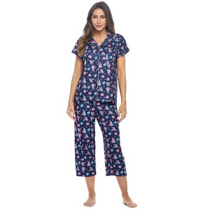 Casual Nights Women's Rayon Printed Short Sleeve Capri Pajama Set - 1 of 4