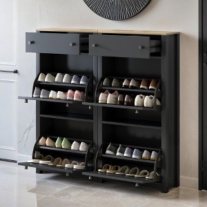 Slim Tipping Bucket Shoe Cabinet Set with 4 Flip Drawers, Wood Grain Pattern Top Shoe Storage Solution with Adjustable Panel - Leovsnove - 1 of 4