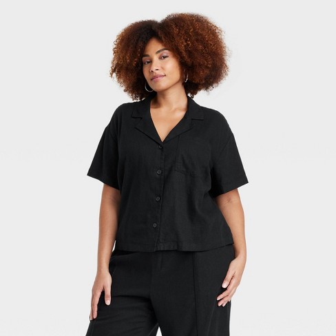 Women's Linen Short Sleeve Button-down Camp Shirt - A New Day