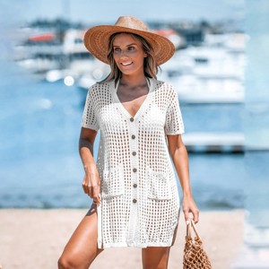 Women's Open Crochet Front Button Cover-Up - Cupshe - 1 of 4