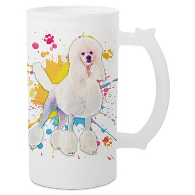 100 North Freezable Beer Stein Mug With Thumb Grip Handle, 16 Ounce Frosted Glass, Poodle Dog Paint Splatter