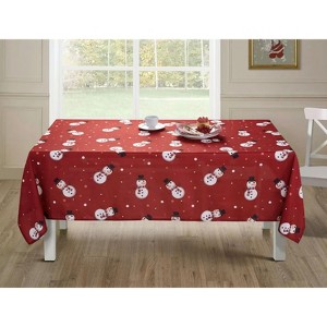 Kate Aurora Holiday Living Christmas Winter Snowman Red Fabric Tablecloth - 8-10 Chairs - 1 of 4