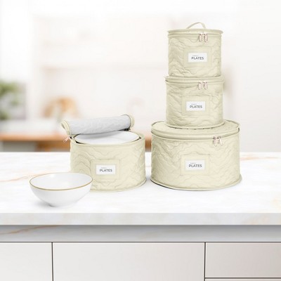 Beige Quilted Fabric Stackable Dinnerware Storage Cases Set