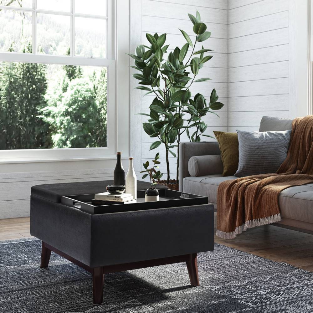 Photos - Pouffe / Bench Small Ethan Tray Top Coffee Table Storage Ottoman Distressed Black - WyndenHall: Faux Leather, Flip Lid, Wood Legs