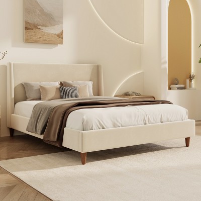 Queen/King Size Velvet Upholstered Platform Bed Frame with Wingback Headboard and Walnut Wooden Legs, Beige, No Box Spring Needed-ModernLuxe