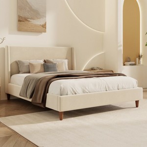 Queen/King Size Velvet Upholstered Platform Bed Frame with Wingback Headboard and Walnut Wooden Legs, Beige, No Box Spring Needed-ModernLuxe - 1 of 4