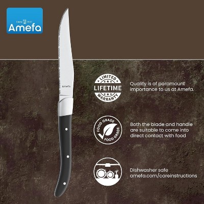 Amefa Royal Steak Knives, Set of 6, Premium Hardened Stainless Steel, Triple Rivet Black Ergonomic Handle Design, Serrated Edge 4" Blade Steak Knife