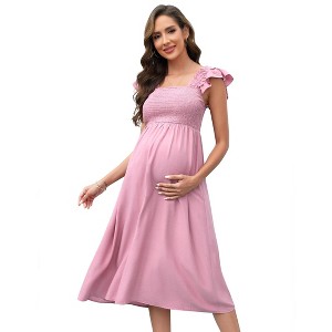 Maternity Dress Shirred Flutter Cap Sleeve Dress Square Neck Ruffle Cap Sleeve Midi Maternity Dress for Baby Shower Photography - 1 of 4