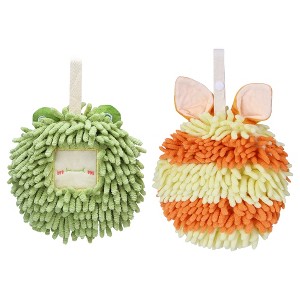 REGALWOVEN Rabbit Shape Quick Drying Soft Absorbent Decorative Chenille Fuzzy Ball Hand Towels with Hanging Loops 7" x 7" 2 Pcs - 1 of 4