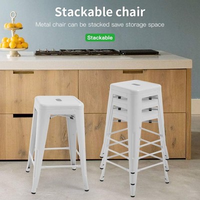 White 24" Industrial Metal Stackable Bar Stools Set of 4