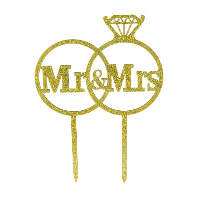 O'creme Mr-&-mrs Block-letters-in-rings Acrylic Gold-with-glitter Cake ...